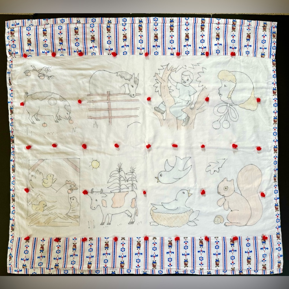 Vintage Hand Made Reversible Baby Blanket Light Quilt Farm Animals Teddy Bear